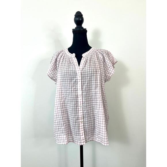 Rails Alena Top in Soft Rose Check Large Button Up Short Sleeve Stretch V-Neck - Picture 2 of 5